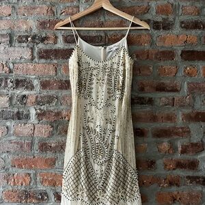 XXS Vintage-Inspired Beaded Cream Slip Dress Flapper Roaring 20s Great Gatsby